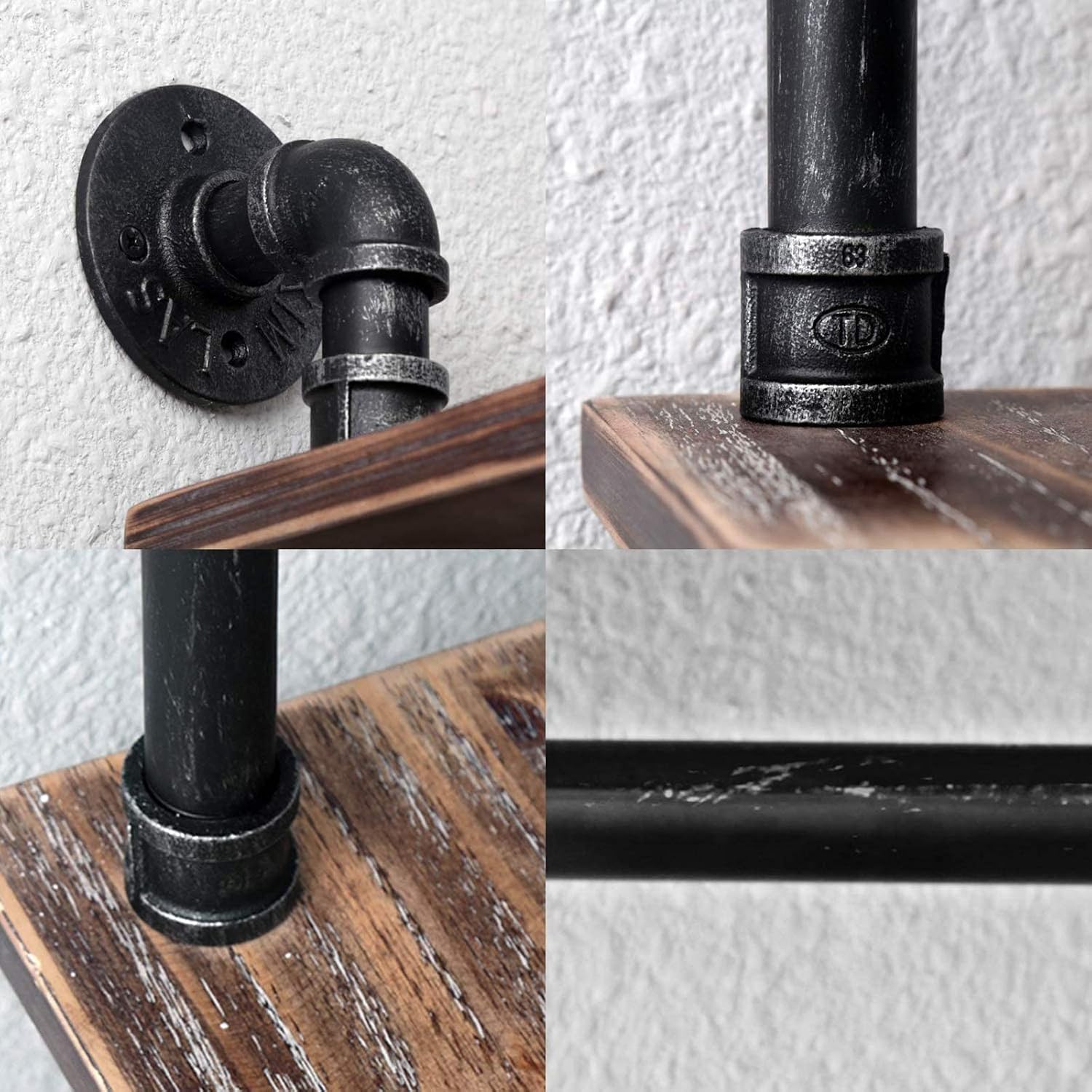 Industrial Pipe Shelf Corner Shelves with Towel Bar Bathroom Shelves Wall Mounted 2 Tiered Metal and Wood Home Decor Floating Shelves