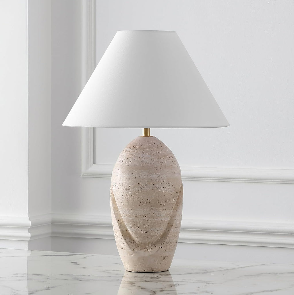 SAFAVIEH Couture Lighting Collection Janette Travertine/White 25-inch Table Lamp for Bedroom Living Room Home Office Desk Nightstand (LED Bulb Included)