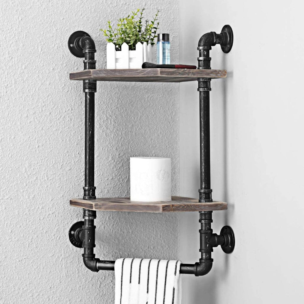 Industrial Pipe Shelf Corner Shelves with Towel Bar Bathroom Shelves Wall Mounted 2 Tiered Metal and Wood Home Decor Floating Shelves