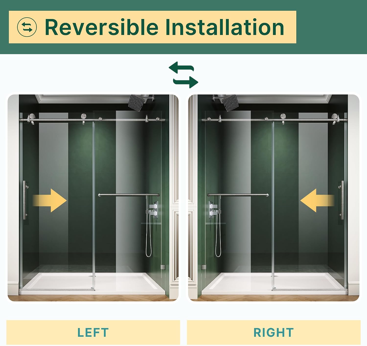 ELEGANT Frameless Sliding Shower Door 48' W x 76' H, Adjustable 44-48' Width, 5/16' (8mm) Tempered Glass, Stainless Steel Towel Bar, Brushed Nickel Finish
