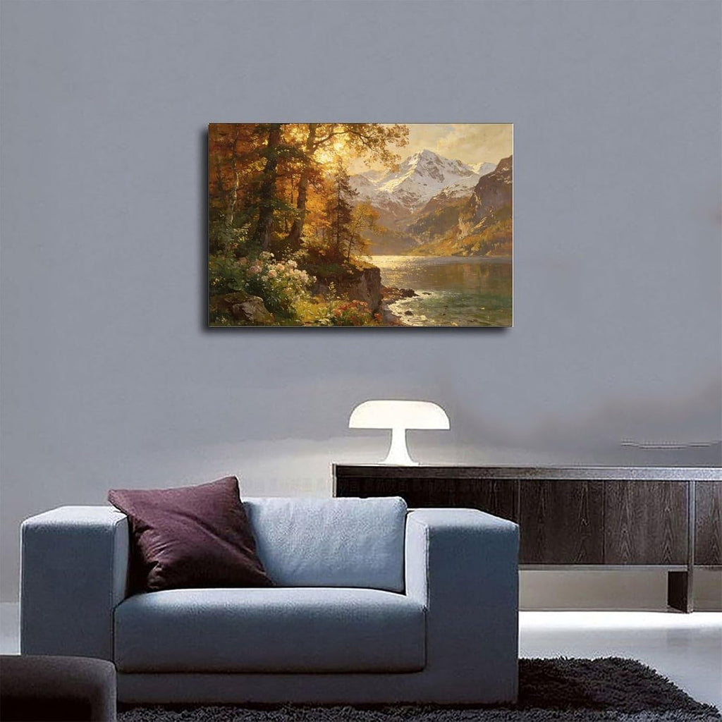 Autumn Mountain Lake Wall Art Print, Golden Forest And Snowy Peaks Landscape Painting, Scenic Nature Poster for Living Room Bedroom Decor 24x36inch(60x90cm)