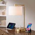 360 Lighting Colby 21' High Modern Accent Table Lamp with USB Charging Ports A+C and AC Power Outlet in Base Brass White Linen Drum Shade for Bedroom Living Room House Home Desk Bedside Nightstand