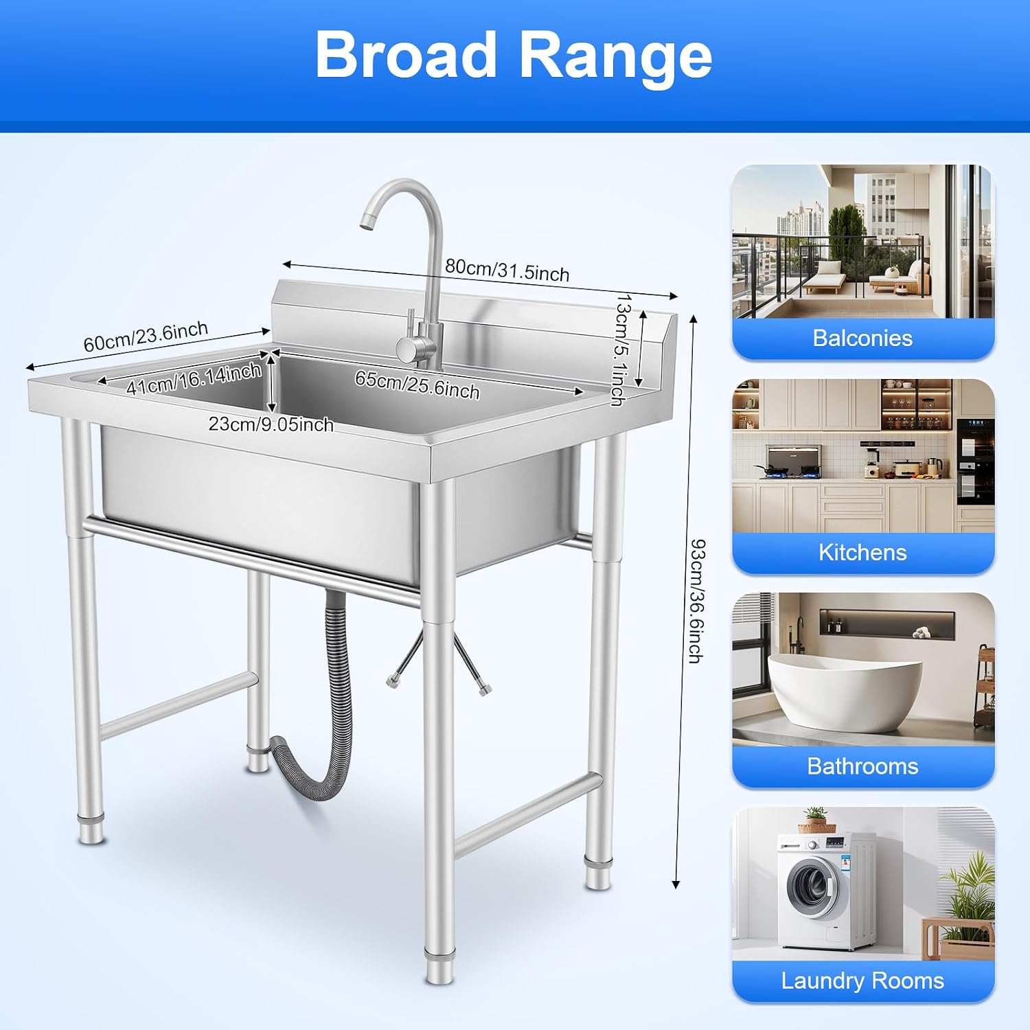 Stainless Steel Sink Single Bowl Commercial Utility Sink Free Standing Kitchen Sinks with Cold and Hot Water Faucets for Kitchens, Garage, Laundry Room (31.5' W x 23.6' D x 36.6' H)