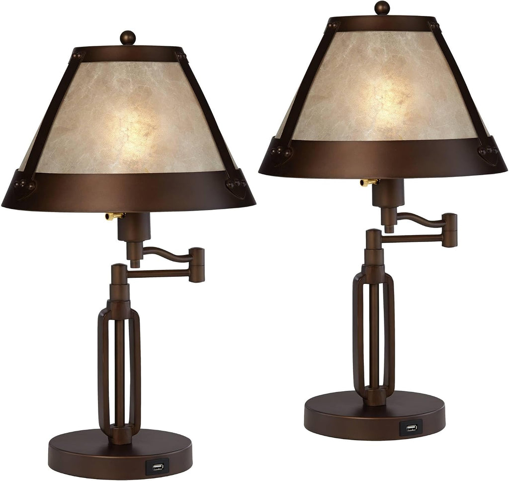 Franklin Iron Works Samuel 21 1/4' High Small Farmhouse Rustic Traditional Desk Lamps Set of 2 USB Port Swing Arm with Socket Brown Bronze Finish Metal Shade Home Office Living Room Charging Bedroom