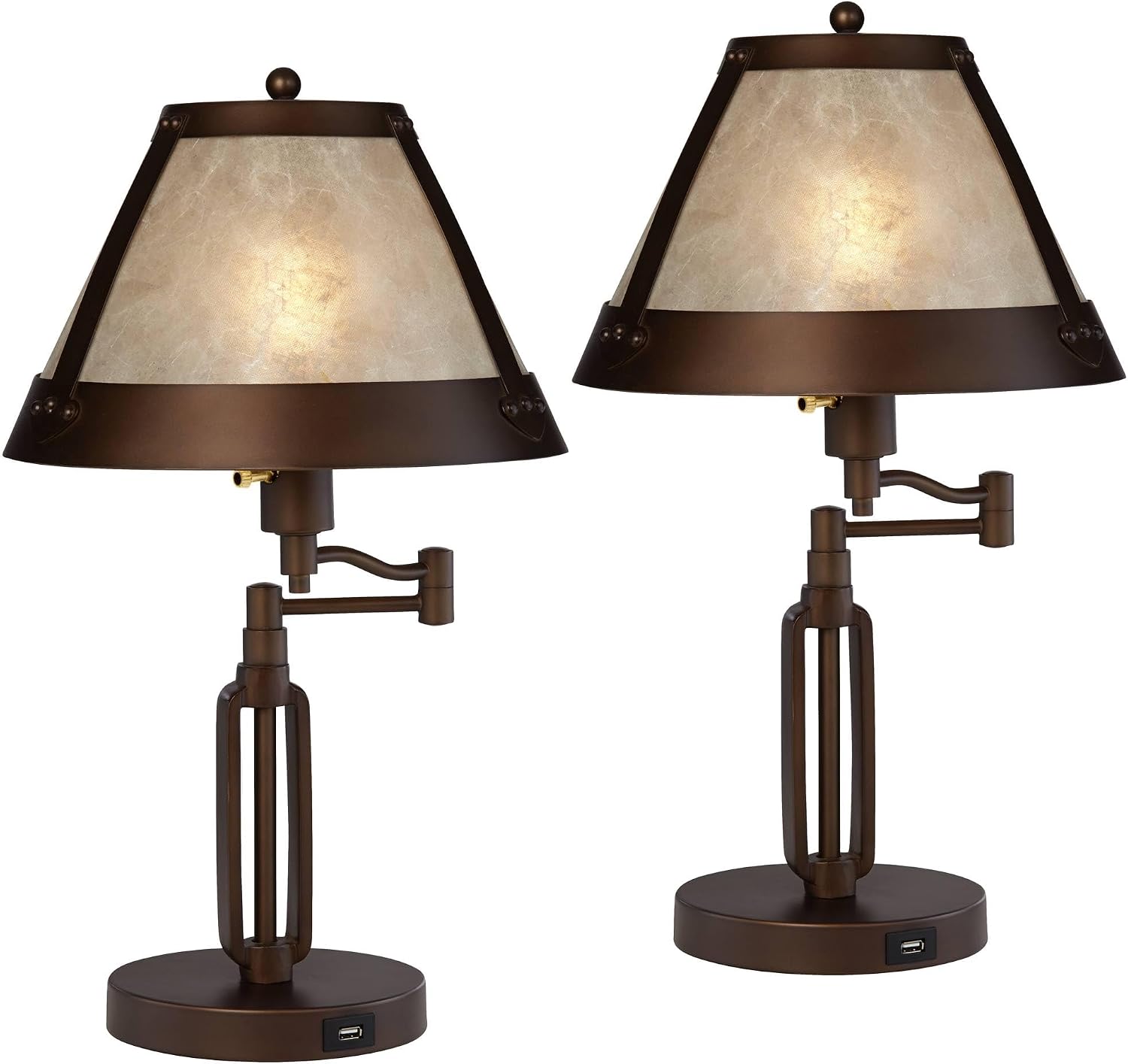 Franklin Iron Works Samuel 21 1/4' High Small Farmhouse Rustic Traditional Desk Lamps Set of 2 USB Port Swing Arm with Socket Brown Bronze Finish Metal Shade Home Office Living Room Charging Bedroom