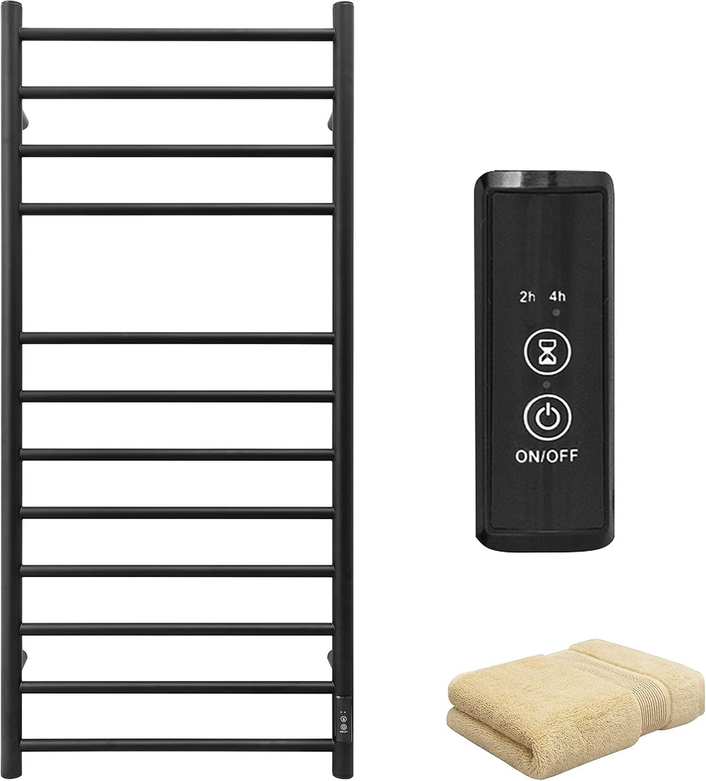 KEG Towel Warmer Wall Mounted with Built-in Timer 12 Bars Electric Stainless Steel Heated Towel Racks for Bathroom, Hot Plug-in Bath Towel Heater Matte Black