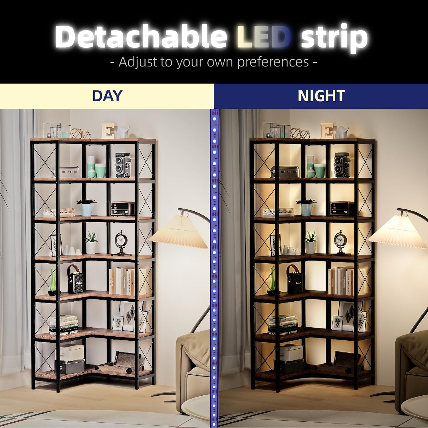7 Tier Corner Bookshelf with LED Lights, 78.7' High Corner Shelf Storage for Living Room, Study Room, Metal Frame Extra Large Capacity, Flamed Color