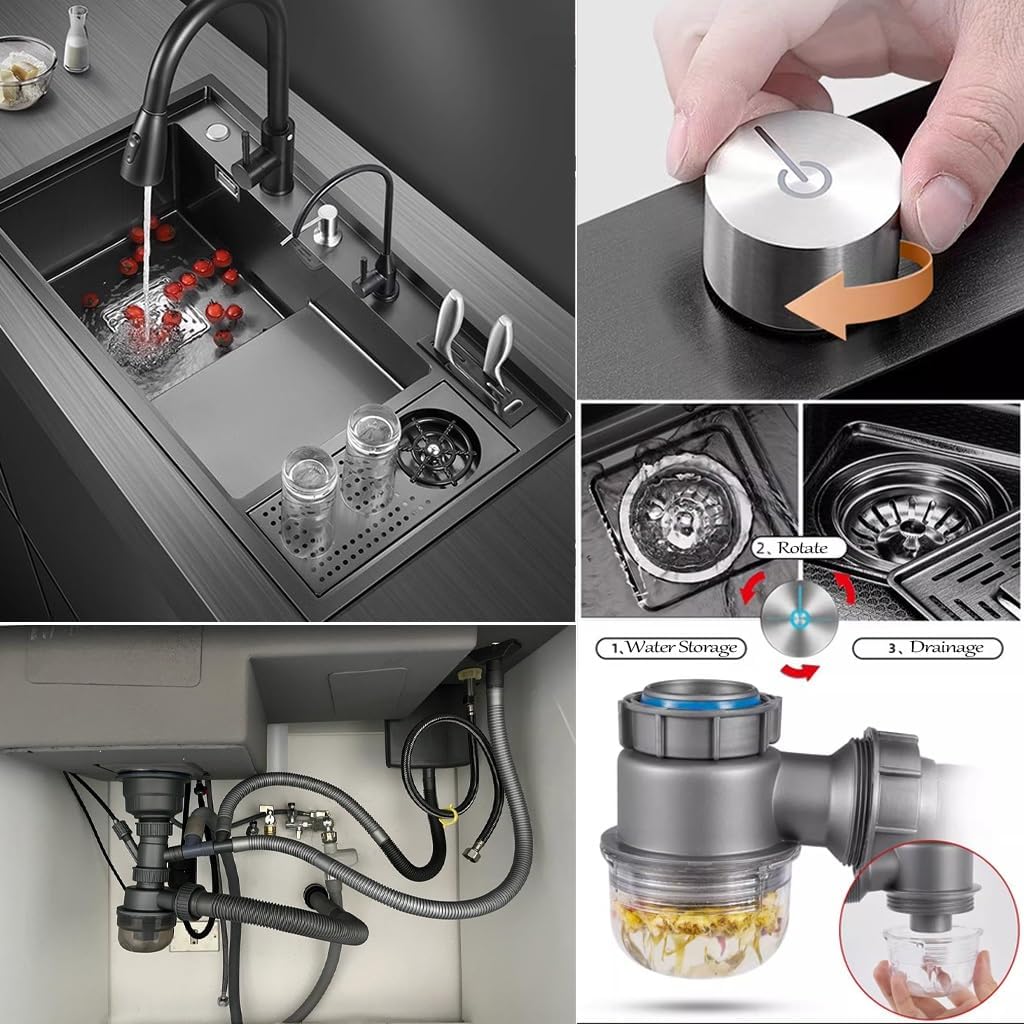 Stepped Stainless Steel Kitchen Sink with Pull-Out Faucet Black Nano Household Sink Multi-functional Single Bowl Sink with Cup Washer Soap Dispenser Knife Holder Box Knob Drainage Component (Black