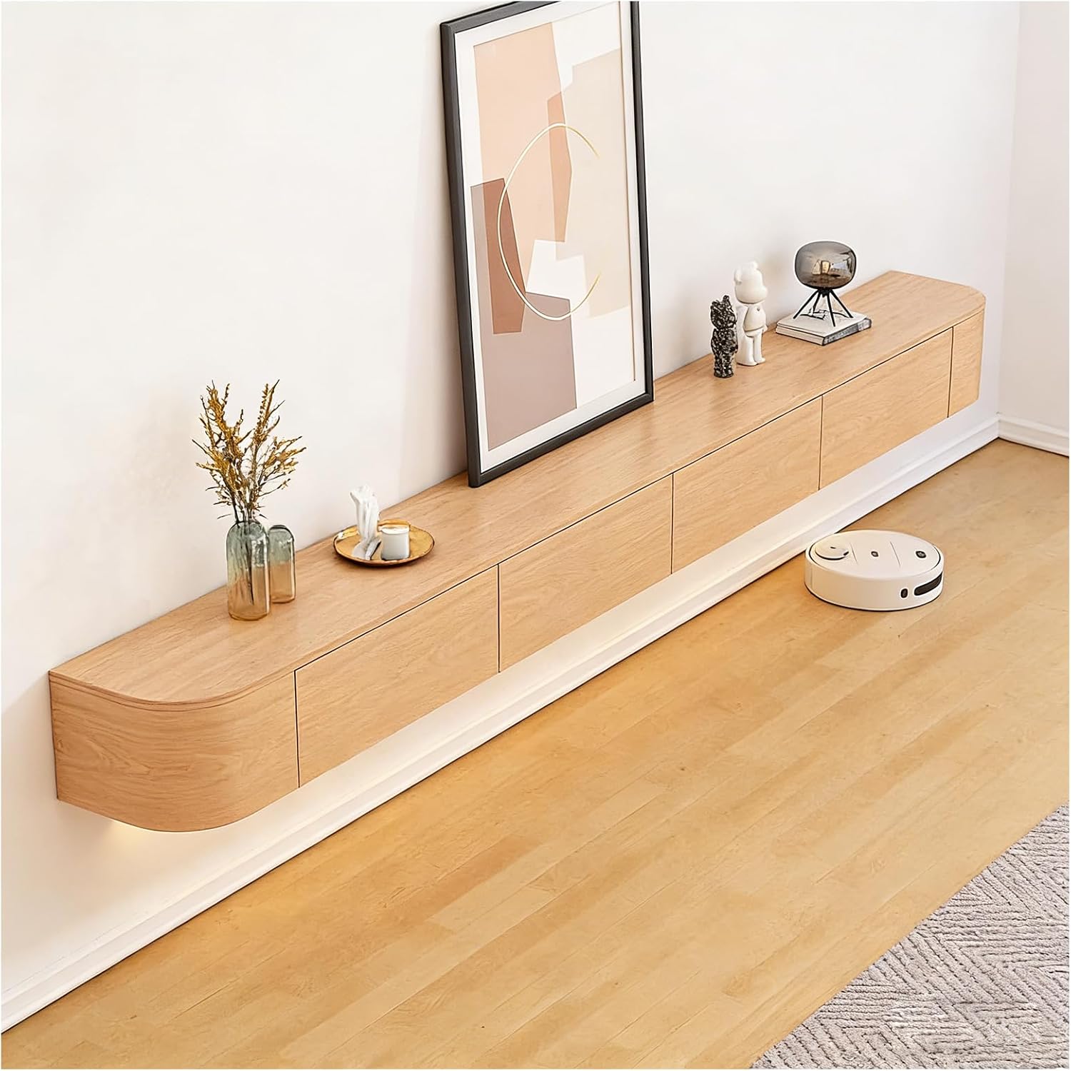 [Fully Assembled] 70.9' Floating TV Stand - No Assembly Needed Wall Mounted Media Console with Storage & Cable Management, Modern Entertainment Center with Rounded Corners for Living Room (Wood)