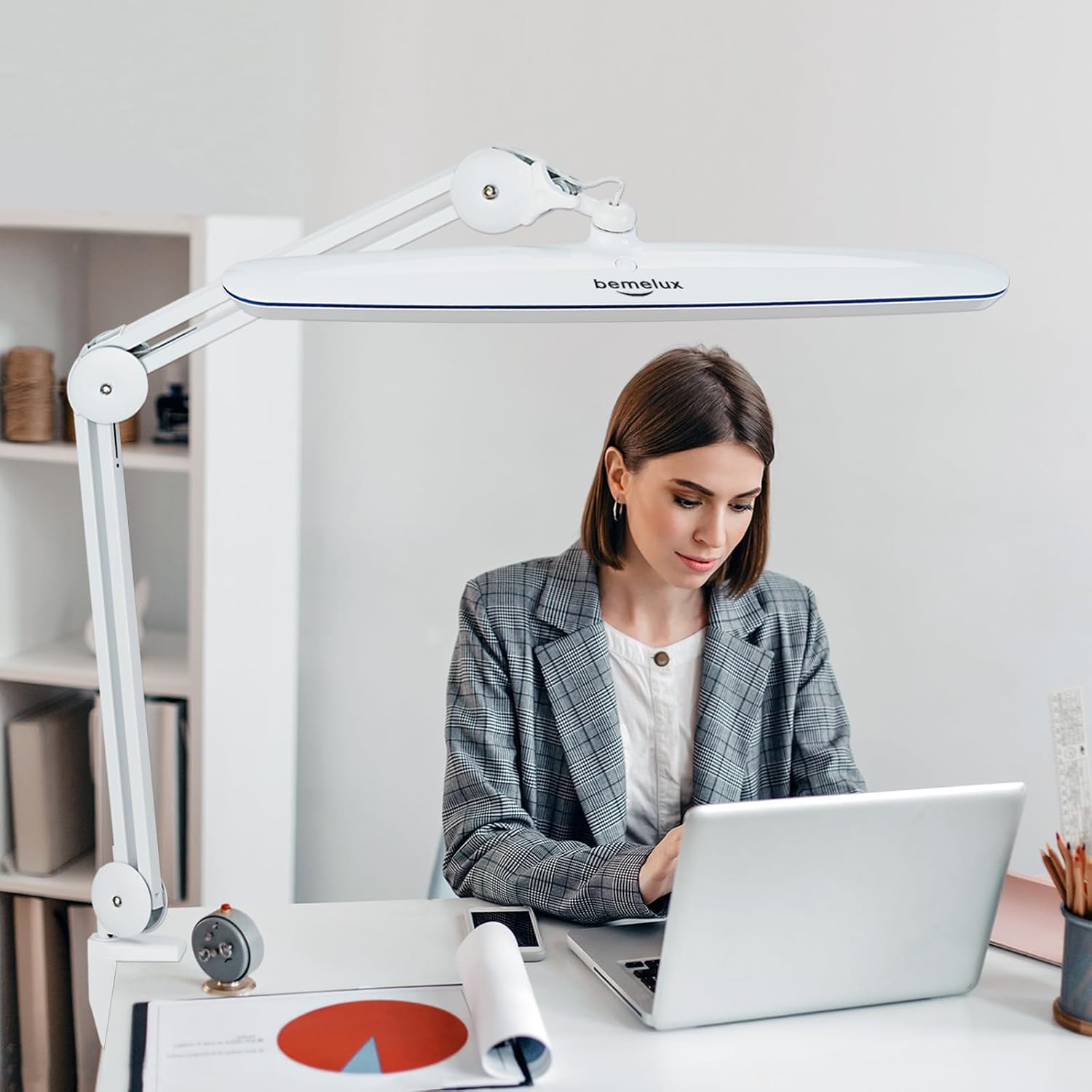 Task Lamp with Clamp, 23 Inch Lamp Head, Bright 182PCS LEDs,3 Color Temperatures, 4 Brightness Levels, Metal Swing Arm 20W 2200 Lumen Dimmable Led Desk Lamp (White, CCT)