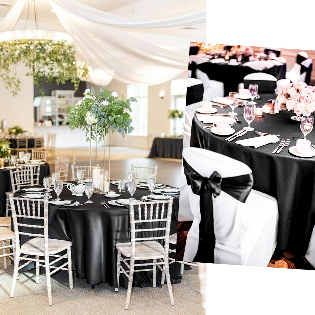 12 Pack 120 Inch Round Tablecloth, Black Satin Fabric Table Cloth for Round Tables, Wrinkle Resistant Washable TableCover Bright Silk Table Clothes for Wedding Party Dining Tables Banquet