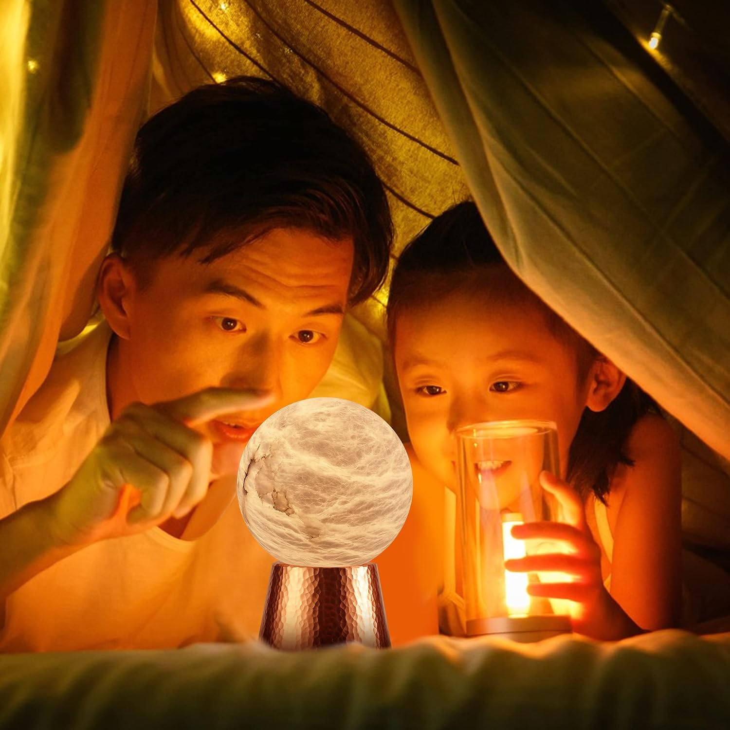 Handcrafted Natural Spanish Alabaster Stone Moon Lamp with Purple Copper Stand Elegant LED Night Light Premium Mini Table Lamp for Home, Office, and Luxury Decor