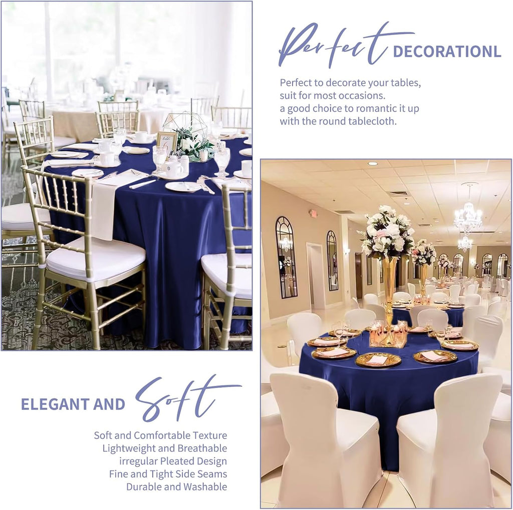 Pesonlook 12 Pack Navy Blue Round Tablecloth, 120 Inch Satin Fabric Tablecloth for Round Table, Wrinkle Resistant Washable TableCover Bright Silk TableClothes for Wedding Party Dining Table Banquet