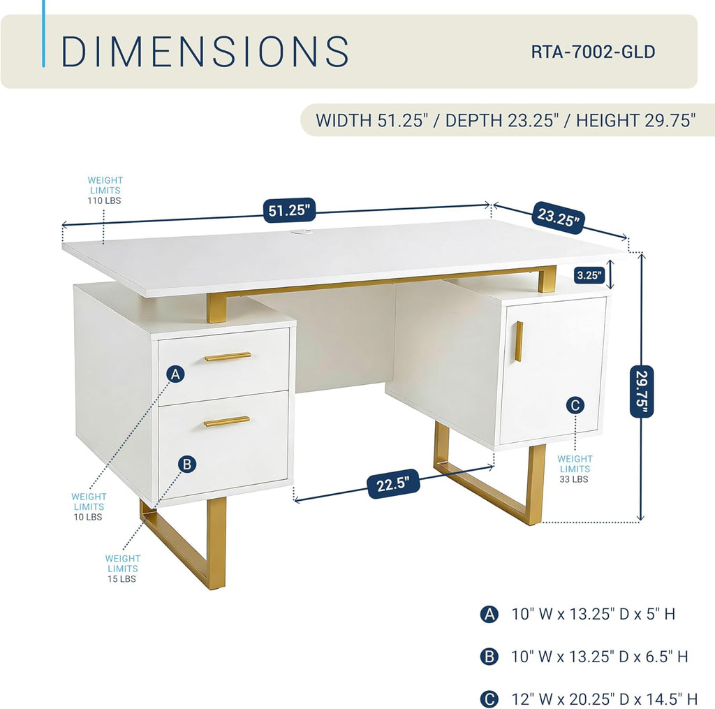Techni Mobili Storage Drawers and Cabinet 51.25' W-Modern Office Large Floating Desktop Surface Desk, 23.6' D x 51.2' W x 29.8' H, White/Gold