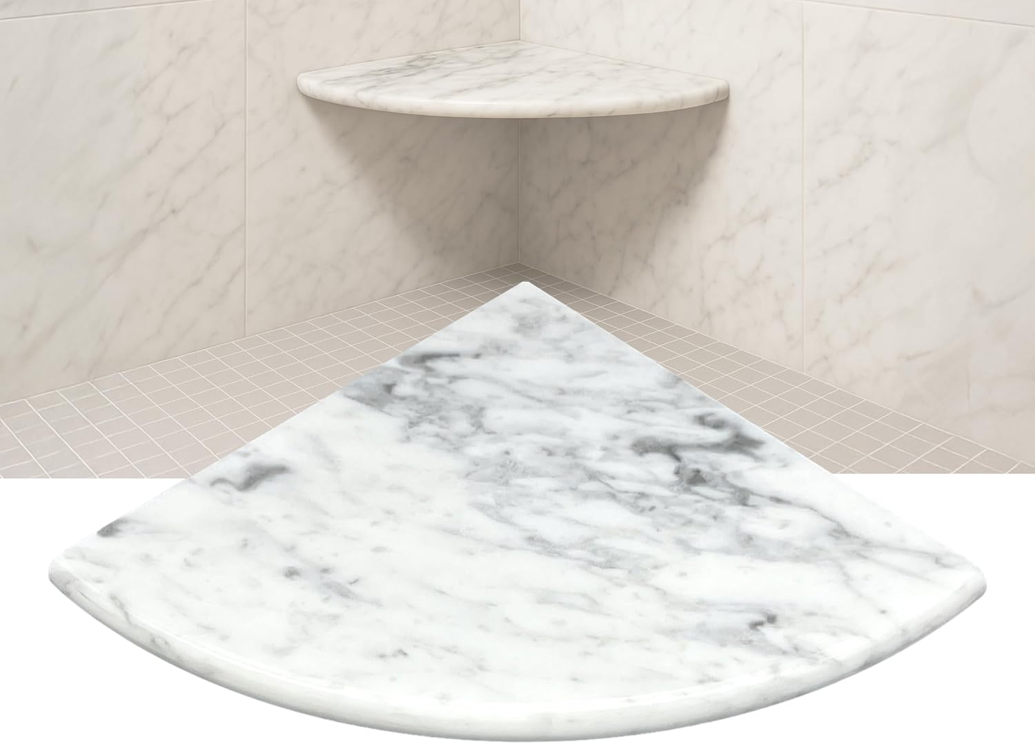 18 Inch Italian White Carrara Marble Corner Shower Seat Bathroom Caddy, Wall Mounted Shower Shelf, Classic Flatback Design