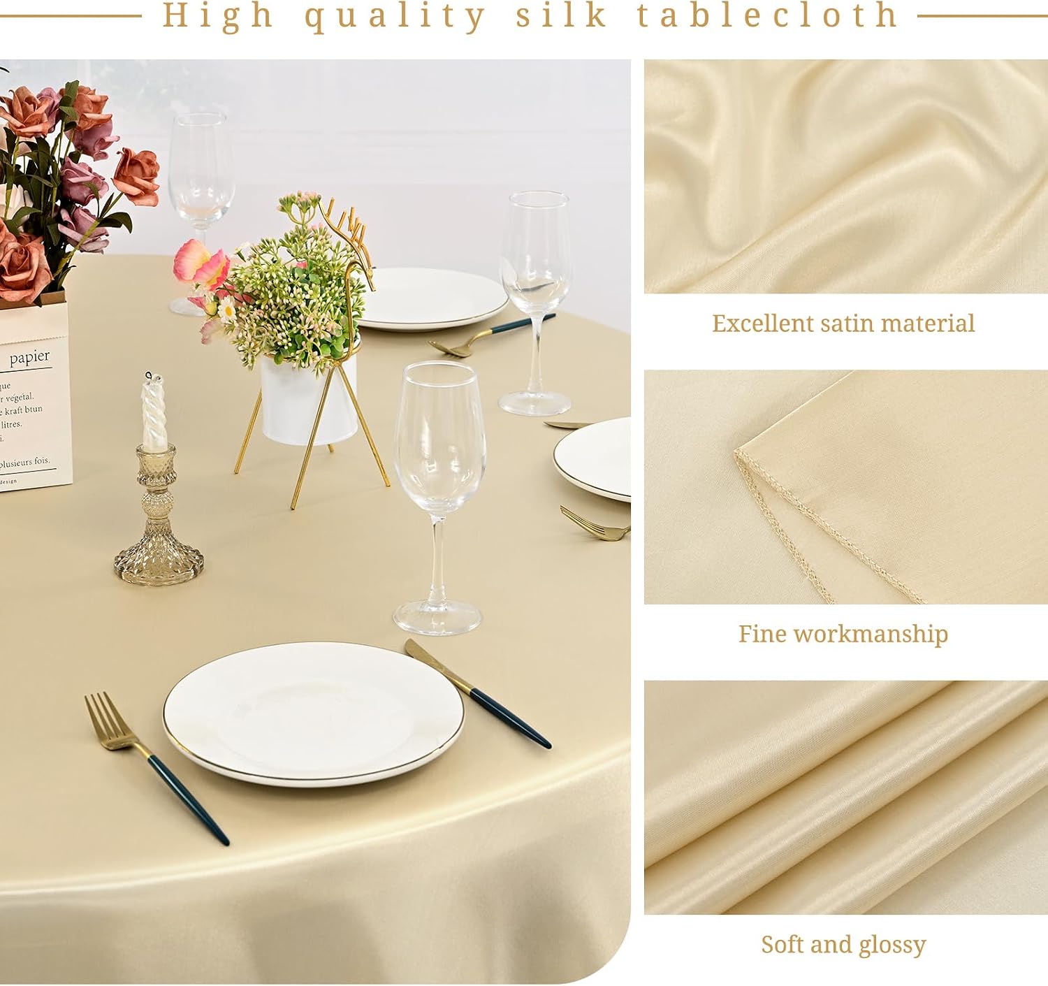 12 Pack 120 Inch Round Tablecloth, Champagne Satin Fabric Table Cloth for Round Table, Wrinkle Resistant Washable Table Cover Bright Silk Table Clothes for Wedding Party Dining Table Banquet