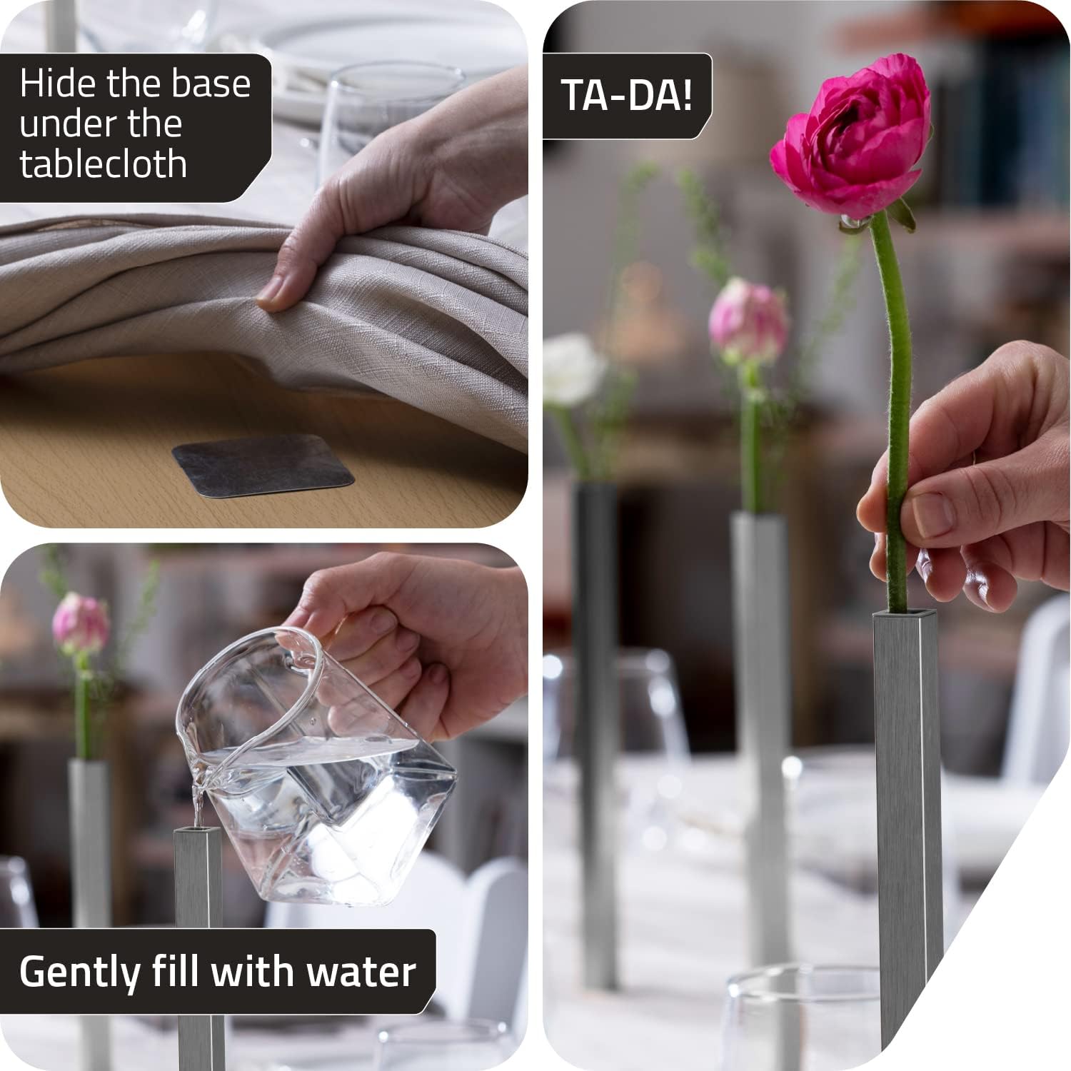 PELEG DESIGN Magnetic Bud Vase Set (Silver) - Unique Home Decor Gift & Modern Table Centerpiece - 20 Aluminum Single Stem Vases - 9.4' Tall Gravity Defying Decor