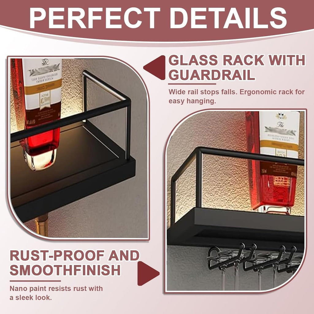 Wall-Mounted Metal Wine Rack with LED Lights 3-Tier Floating Bar Shelves with Wine Glass Rack Large Wine Bottle Display Rack Hanging Shelf, for Home Bar Dining Room Decorative (gold, 100cm/39.3in)