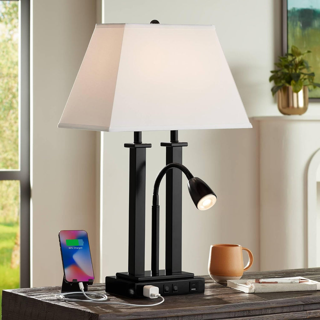 Possini Euro Design Deacon 26' High Modern Gooseneck Desk Lamp with USB Charging Ports A+C and AC Outlet LED Black Metal Oatmeal Linen Fabric Shade for Living Room Bedroom House Bedside Nightstand