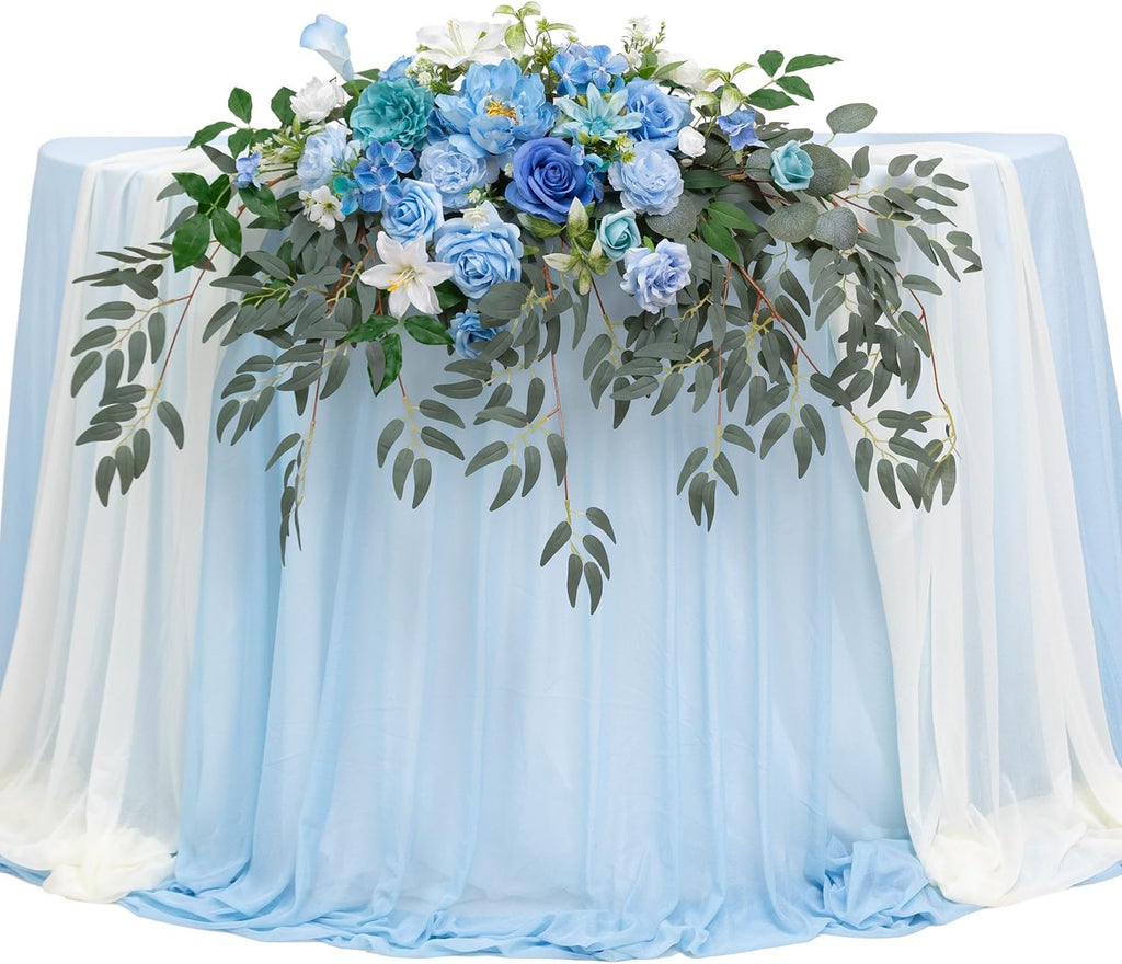 TINGE TIME Artificial Sweetheart Flower Swag with Tablecloth and Table Runner, Pack of 3 Floral Arrangement for Wedding Sweetheart Table Centerpiece Decoration Valentine's Day (Provence Blue)