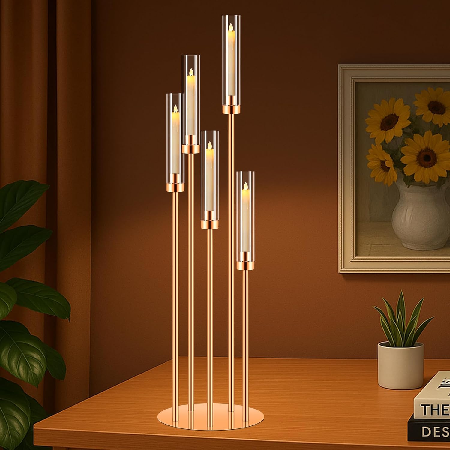 6 Set 5 Arms Golden Candle Holder with Acrylic Lampshade, 41.3'' Tall Candlesticks Holder for Christmas Wedding Housewarming Gift,Metal Candle Holders Candlestick Centerpiece,Fit 0.87'' LED Candle