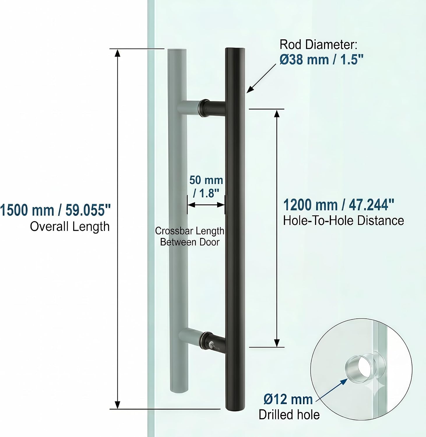 TOGU TG-6012 60-Inch Double-Sided Push Pull Door Handle, Matte Black SUS304 Stainless Steel Ladder Pull, Heavy-Duty for Commercial Glass, Residential Wood Barn & Metal Doors (1500 * 38mm)