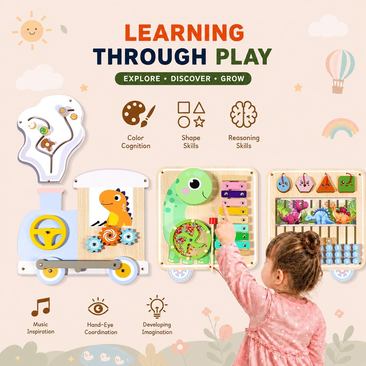 Montessori Wall Activity Busy Board for Toddlers 1-5, Wooden Sensory Wall Panel & Busy Board Wall Toys, Space-Saving Activity Wall for Independent Play, Playroom, Daycare & Classroom
