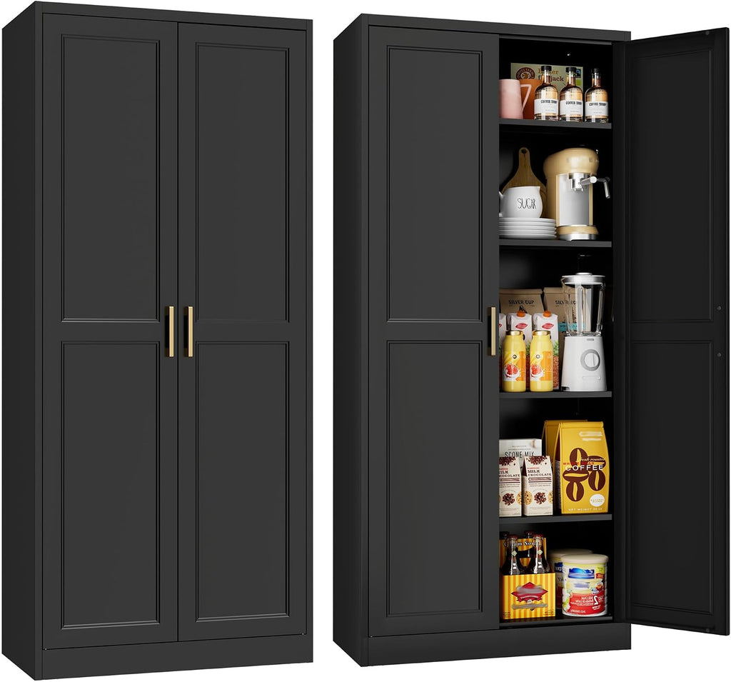 71' Tall Kitchen Storage Cabinet with Gold Handles, Metal Pantry Cabinets with 2 Doors, Food Pantry, Adjustable Shelves, Black Freestanding Pantry Cupboard for Dining, Kitchen, Living Room