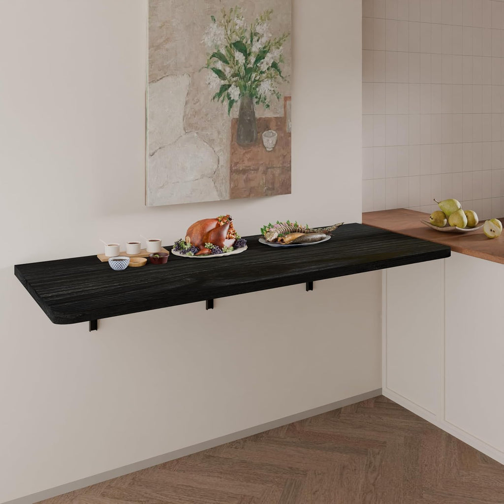 IAE Floating Wall Mounted Folding Table Desk with Pine Wood,55' x 22' Folding Workbench,Fold Down wall Mounted Foldable Table with Shelf Brackets,Laundry Folding Table for Apartment,Home,Kitchen,Black