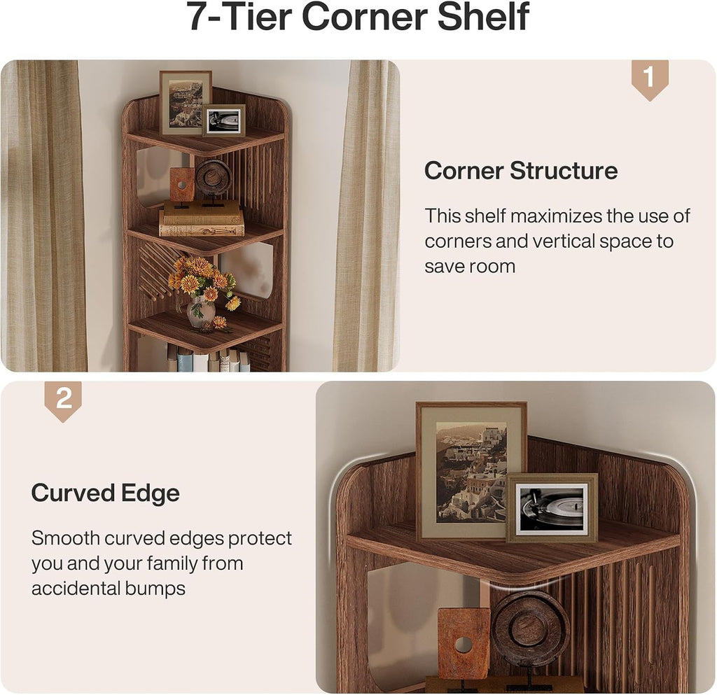Tribesigns 6-Tier Corner Bookshelf, Tall Narrow Corner Shelf Bookcase with Hollow Design, Farmhouse Skinny Display Shelf for Living Room, Bedroom, Small Space, Brown