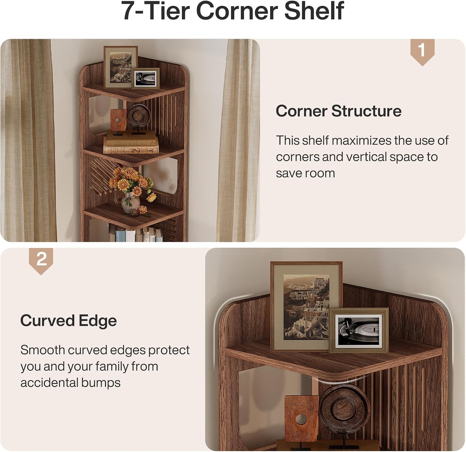 Tribesigns 6-Tier Corner Bookshelf, Tall Narrow Corner Shelf Bookcase with Hollow Design, Farmhouse Skinny Display Shelf for Living Room, Bedroom, Small Space, Brown