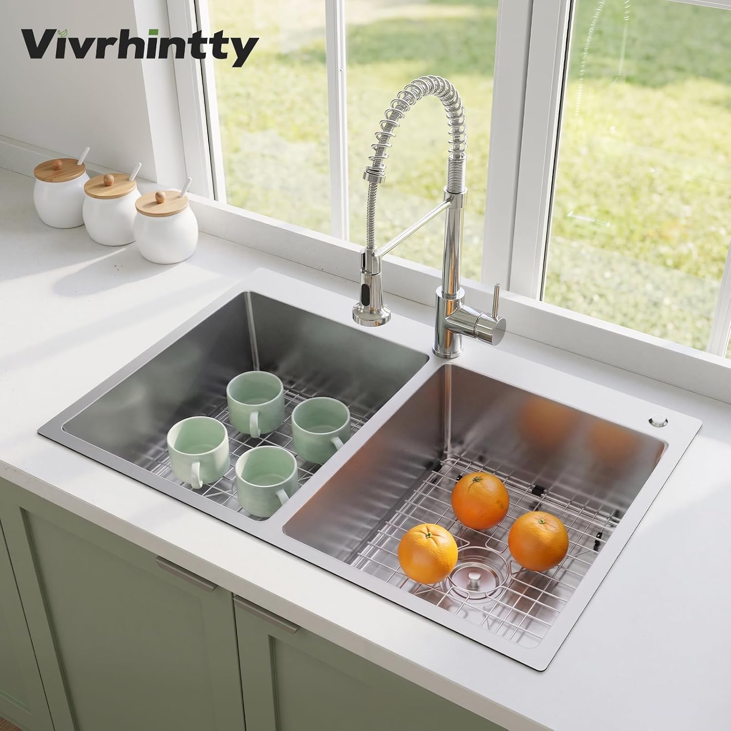 33' x 22' x 9' Drop-In Double Bowl Kitchen Sink, Topmount Stainless Steel with Satin Finish, Soundproofing & Protective Bottom Grid