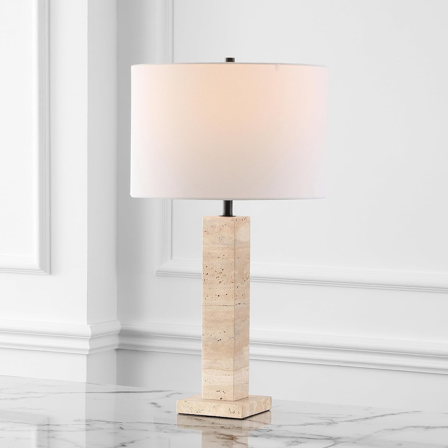 SAFAVIEH Couture Collection Hannabeth Travertine/Black 27-inch Dimmable Table Lamp for Bedroom Living Room Home Office Desk Nightstand