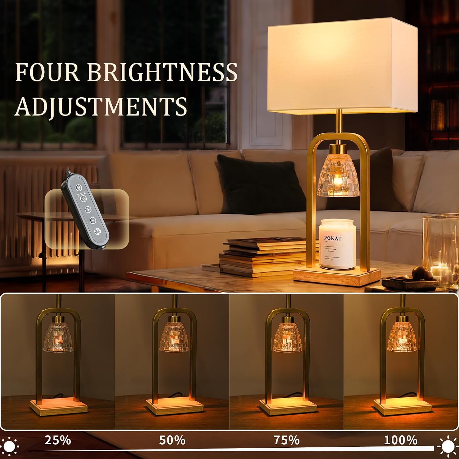 PoKat Electric Candle Warmer Lamps Gold, Lamp Candle Warmers with Timer Dimmer, Wax Light Warming Table Lamps Set of 2 for Jar Candles, Modern Bedside Lamp for Home Decor Living Room, Bulb Included