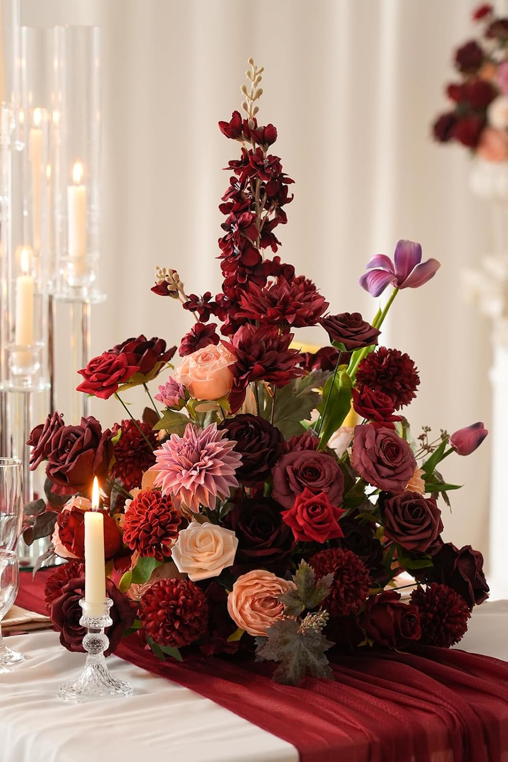 2pcs 19inch Burgundy Wine Red Free Standing Flowers Ball Bouquet Artificial Rose Arrangements Balls for Wedding Centerpieces Tables Chair Aisle Runner Flowers Decorations