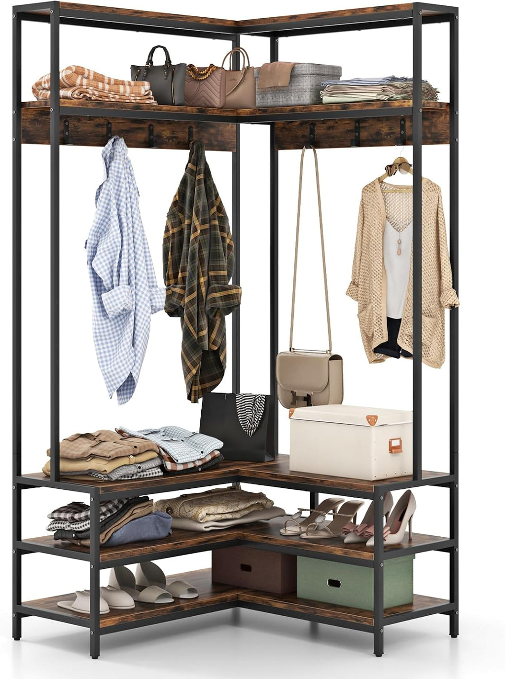 Tangkula Corner Hall Tree, 70 Inch Coat Rack with Bench and Shoe Storage, Entryway Furniture with 7 Hooks, Heavy Duty Metal Frame, Space Saving Clothes Rack Shoes Shelf Organizer (Rustic Brown)