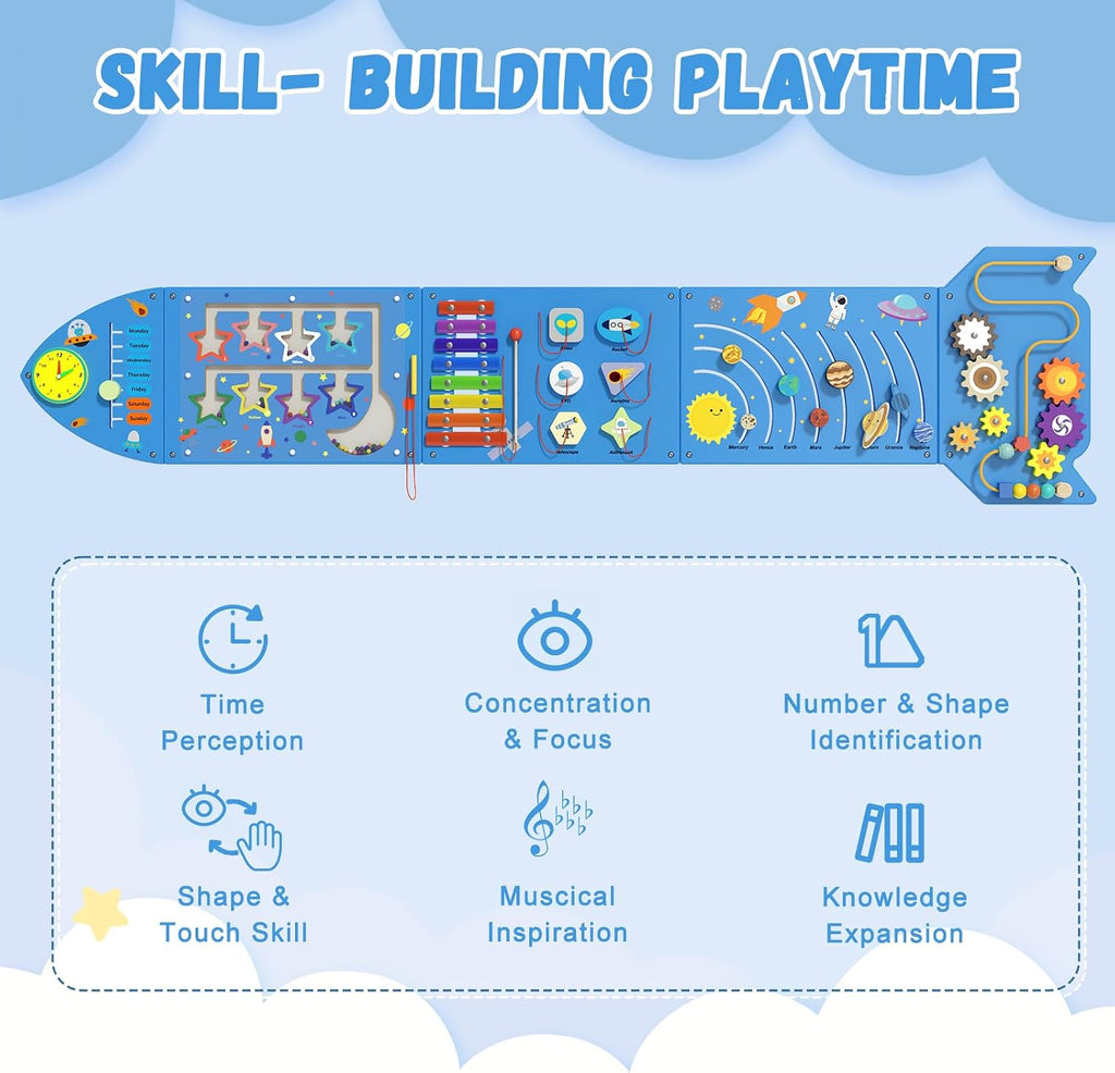 Rocket Activity Wall Busy Board Panels - Sensory Wall Panel for Kids, Montessori Toddler Wall Activity Board, Wall Toys for Toddlers 3, Activity Cube, Wooden Boards, Blue