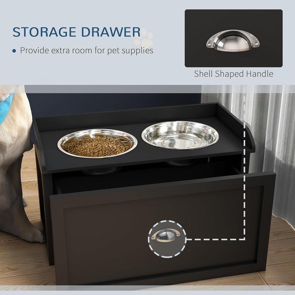 Dog Feeding Station with Storage Drawer, Dog Food Storage Cabinet with 2 Removable Elevated Dog Bowls for Large Sized Dogs, Black