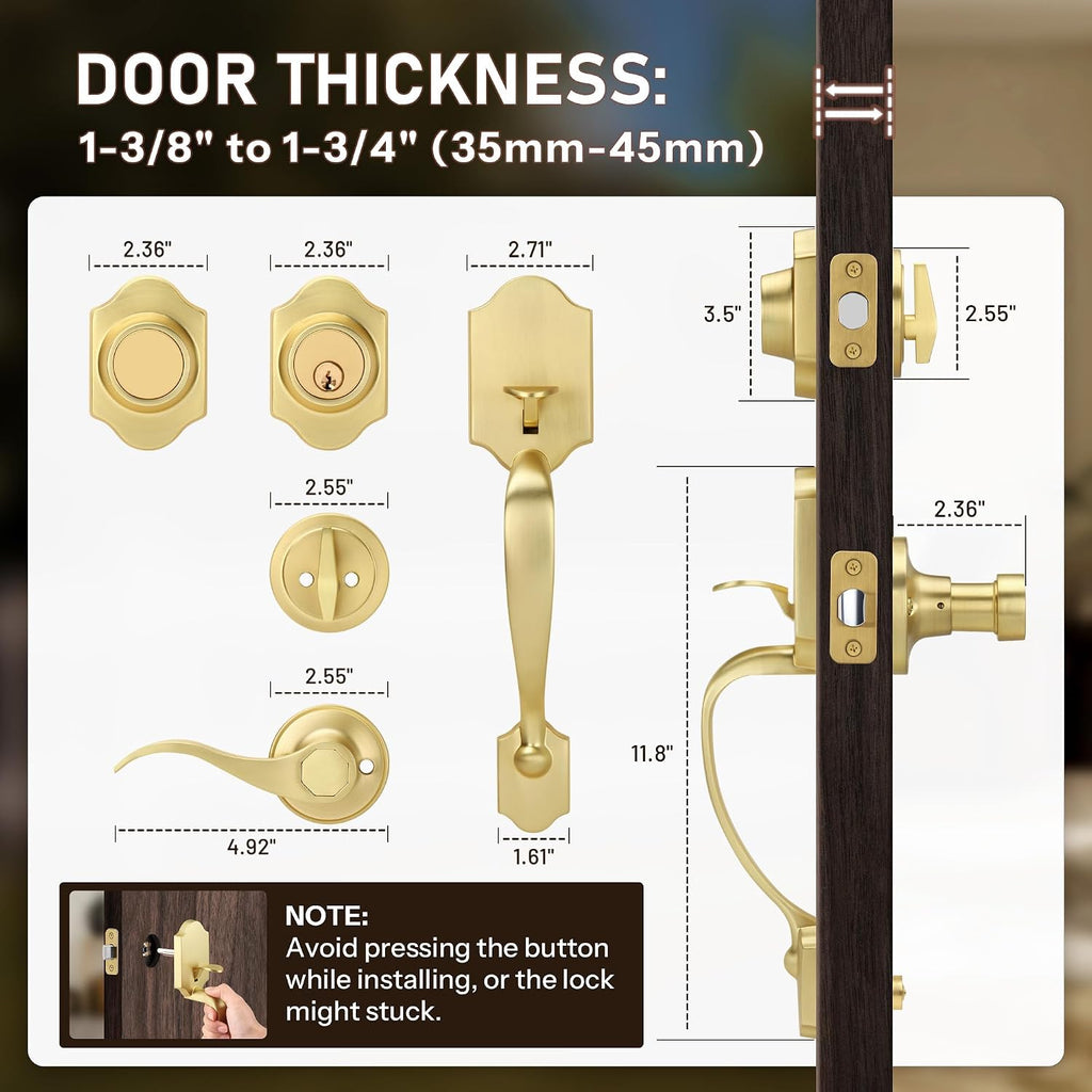Double Front Door Handle Set with Dummy and Deadbolt, Brushed Gold Entry Front Door Lock Set with Gold Classic Half Grip Curved Door Handle for Exterior Doors or Office, Satin Brass