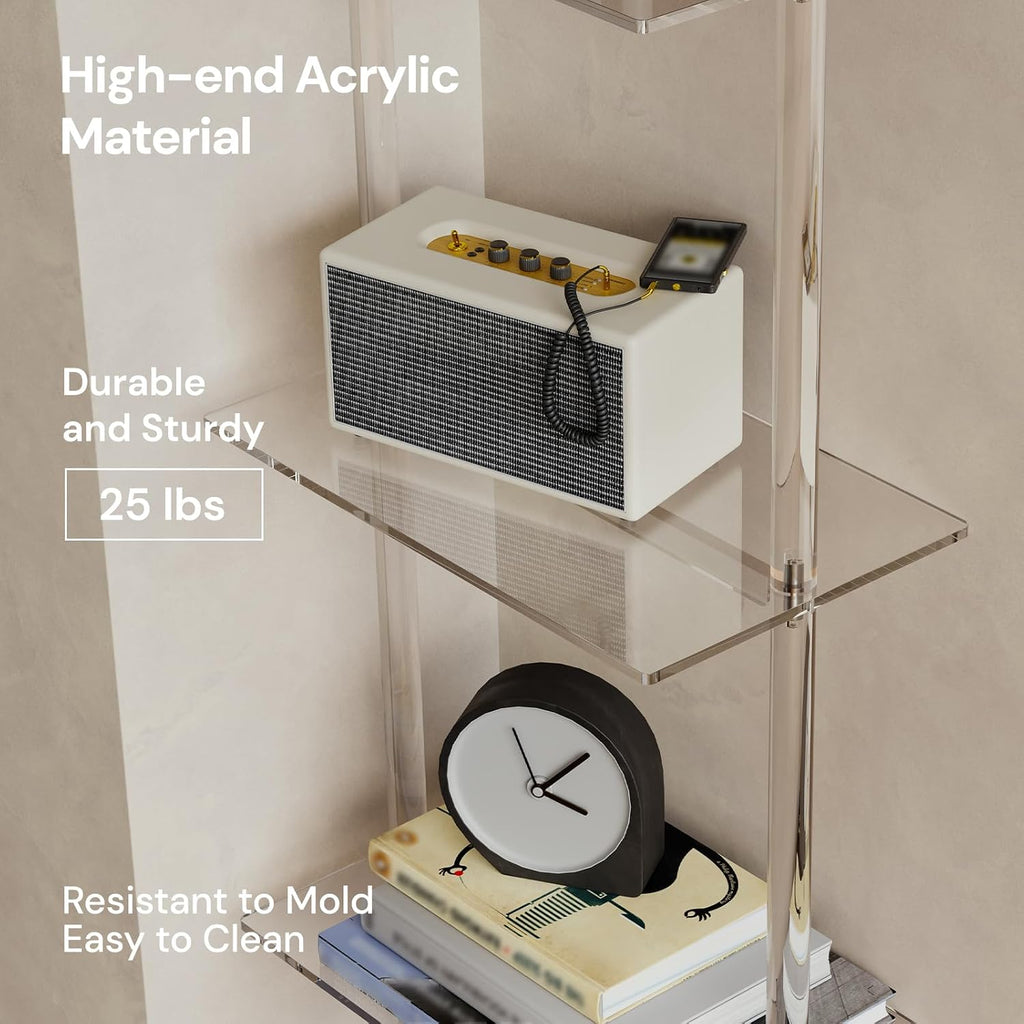 Acrylic Ladder Bookshelf, 6-Tier Clear Wall Mounted Bookshelf with Open Shelves, Multipurpose Bookcase for Living Room, Bathroom, Office, Modern, 11.6' D x 23.4' W x 86' H