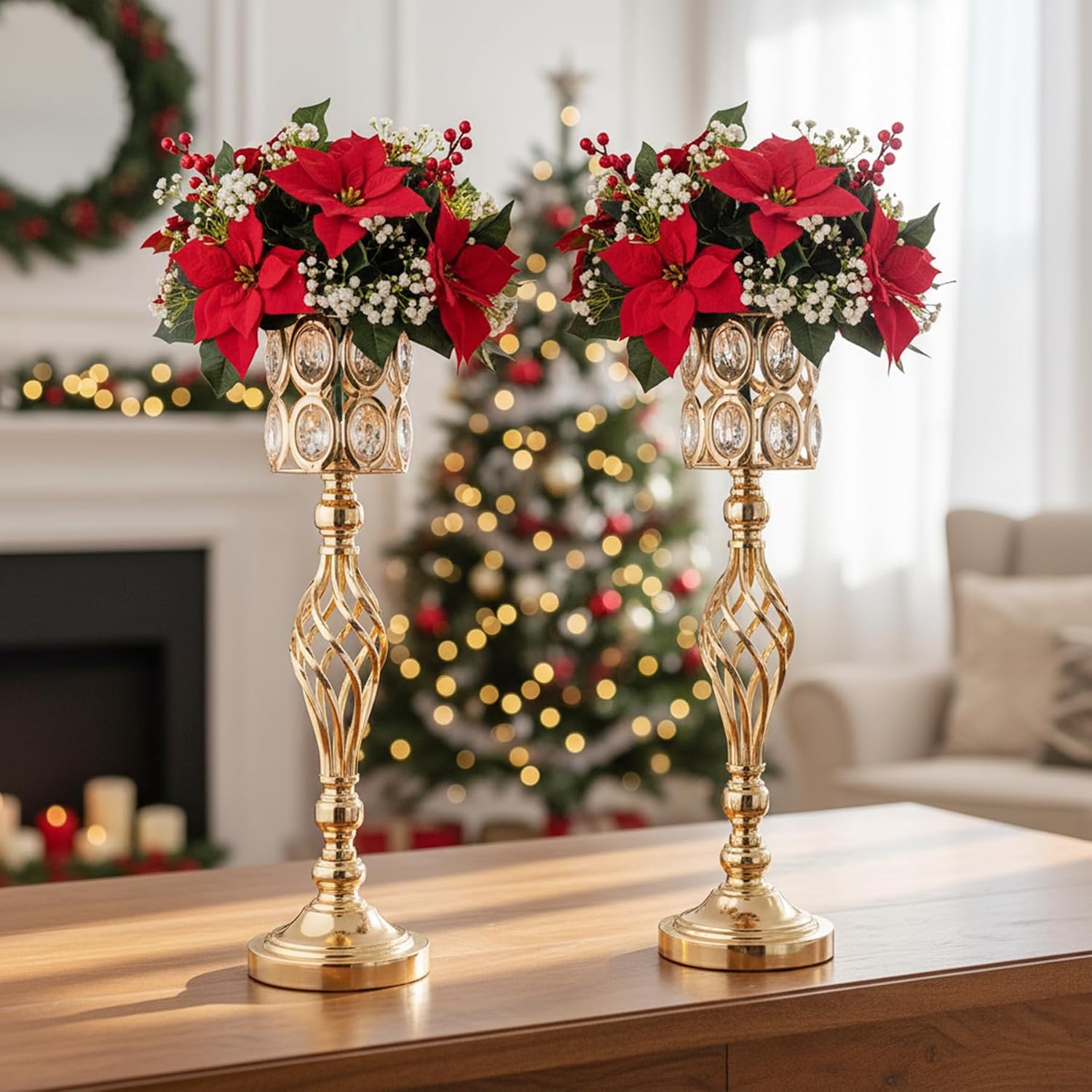 Crystal Wedding Centerpiece Vases for Tables - Set of 10 Metal Gold Vases, 24in Tall Versatile Flower Holders, Elegant Flower Stands for Centerpieces Wedding Party Reception Christmas Home Decor