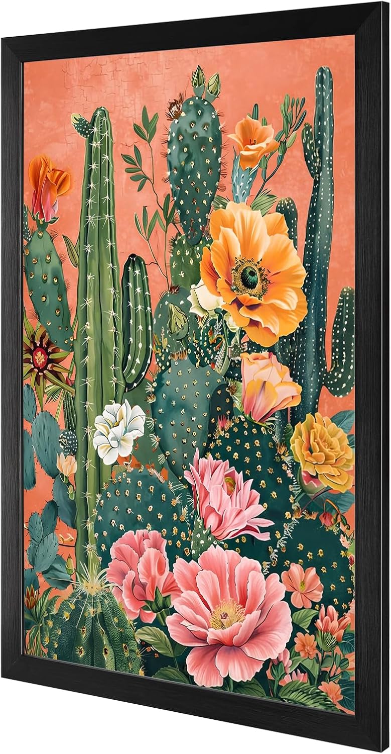 Black Framed Flat Retro Desert Landscape Poster Boho Cactus And Floral Canvas Wall Art Colorful Succulents Vibrant Blooms Prints Painting For Home Bedroom Dorm Wall Decor 24x36in Black Framed Flat