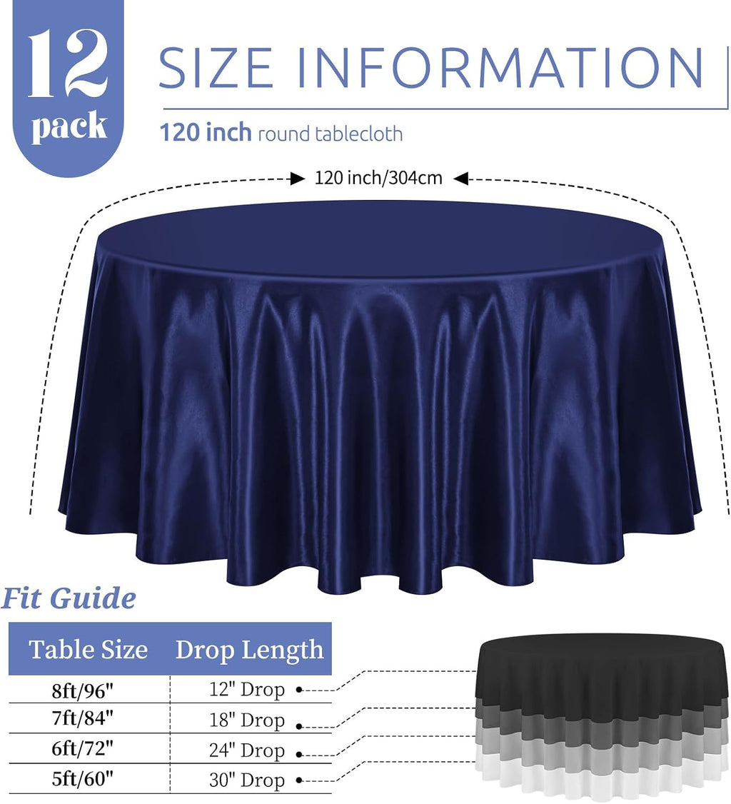 12 Pack 120 Inch Round Tablecloth, Navy Blue Satin Fabric Table Cloth for Round Tables, Wrinkle Resistant Washable TableCover Bright Silk Table Clothes for Wedding Party Dining Tables Banquet