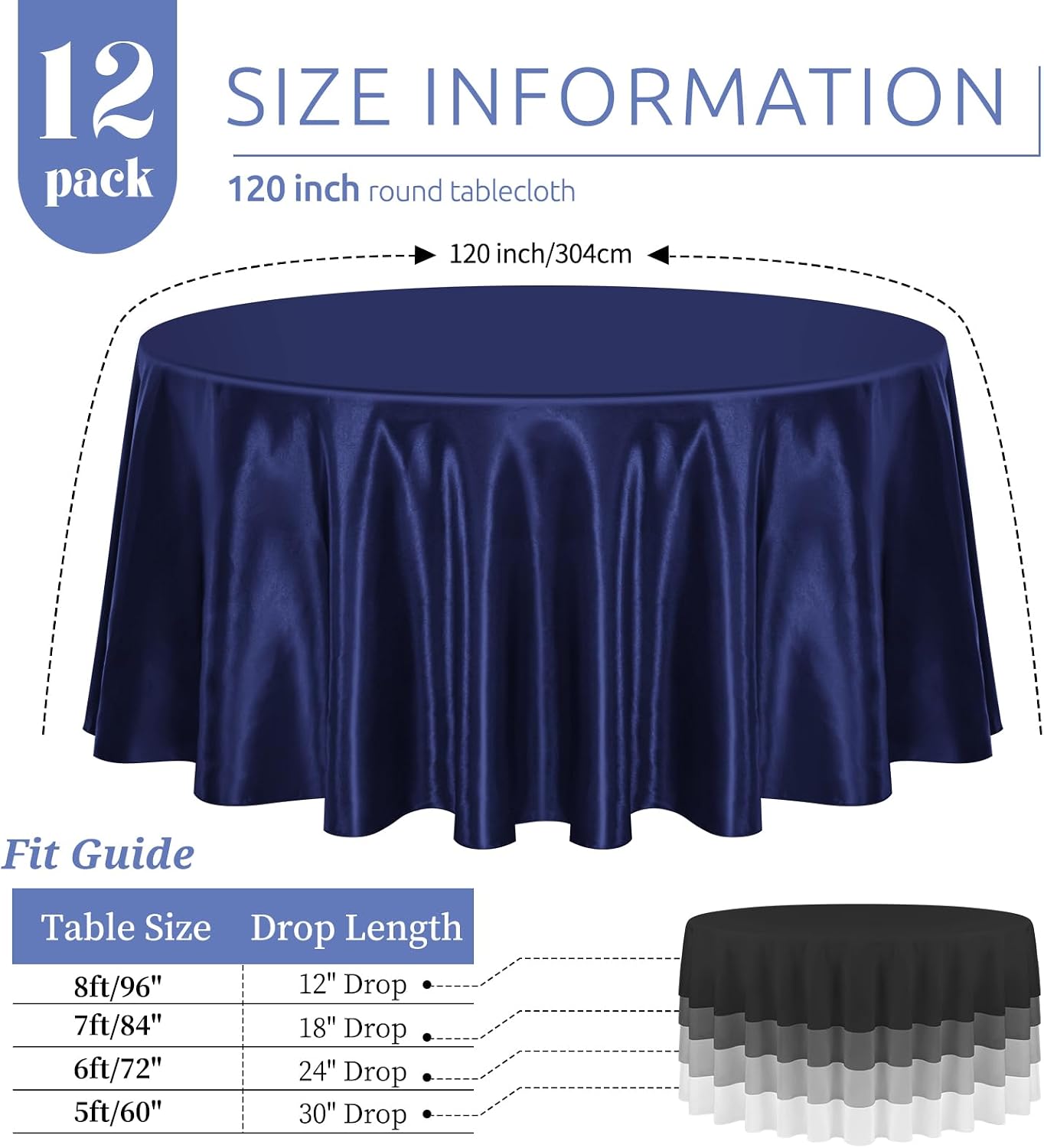 12 Pack 120 Inch Round Tablecloth, Navy Blue Satin Fabric Table Cloth for Round Tables, Wrinkle Resistant Washable TableCover Bright Silk Table Clothes for Wedding Party Dining Tables Banquet