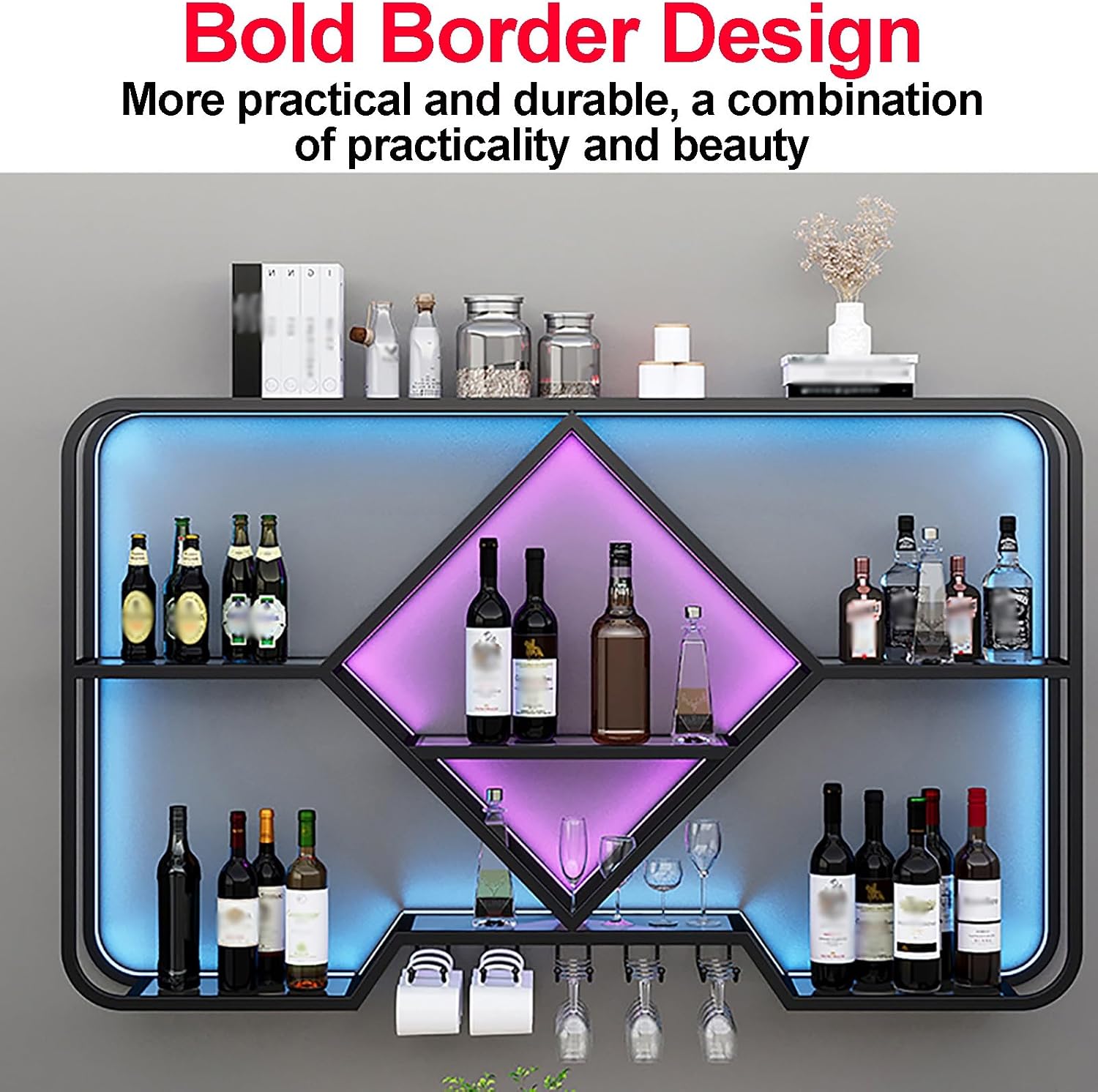 Wine Rack Wall Mounted, Floating Bar Kitchen Shelf Rack With Light Strip, Hanging Wine Glass Rack, Shelf Corner Bar Kitchen Shelf Rack, For Home Bar Dining Room Cafe Kitchen(Color:Gold,Size:100x70x20c