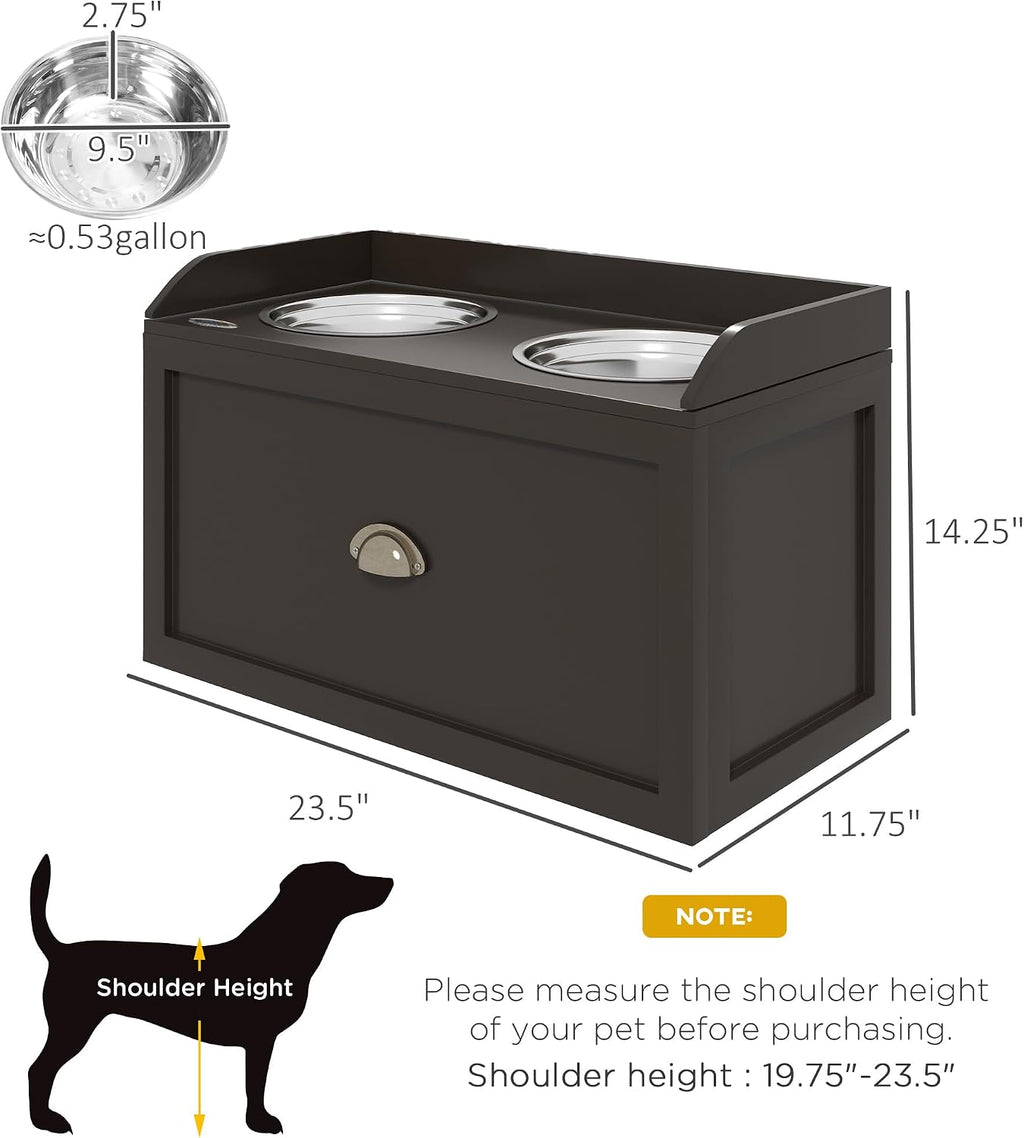 Dog Feeding Station with Storage Drawer, Dog Food Storage Cabinet with 2 Removable Elevated Dog Bowls for Large Sized Dogs, Coffee
