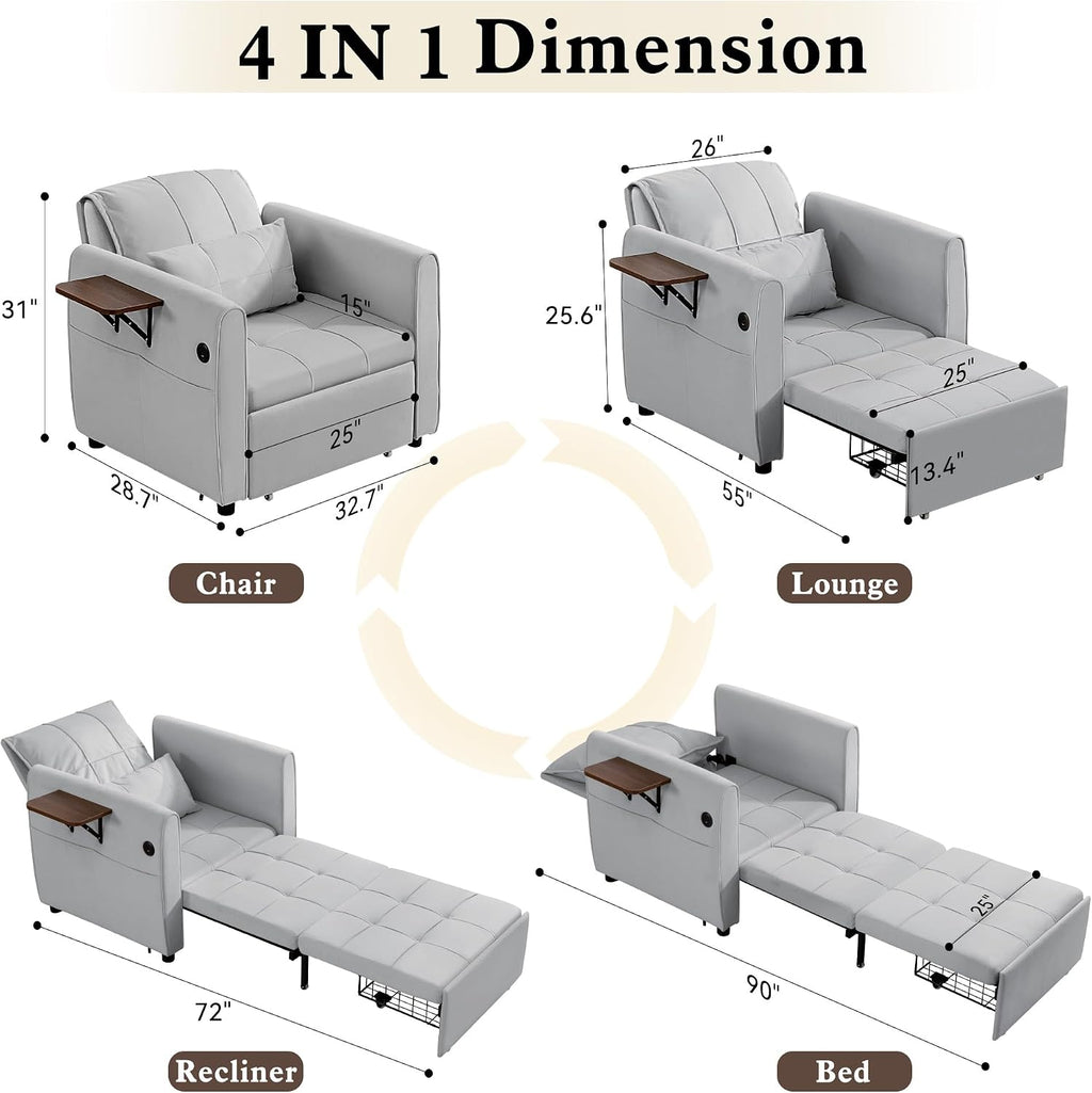 90' Convertible Sofa Chair Bed, 4 in 1 Pull Out Sleeper Chair, Adjustable Backrest Recliner with USB Port, Bottom Storage Basket, Folding Side Table, Lounge Sofa for Living Room Apartment Small Place