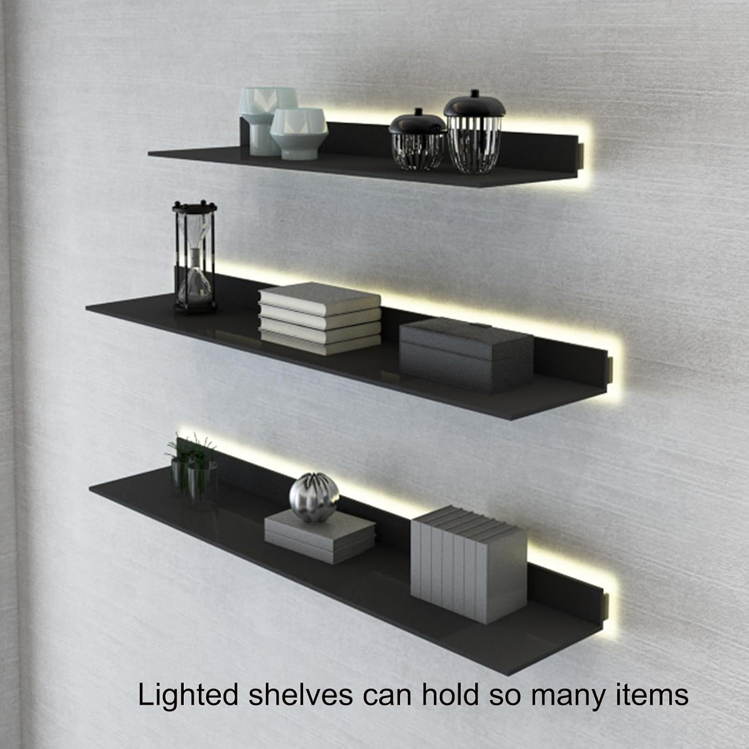Floating Shelves, Floating Display Shelf Wall Mounted Light-Emitting Shelves Display Shelf All Kinds of Things Can Be Stored Here It's More Convenient (Color : Noir, Size : 60x20x6cm)