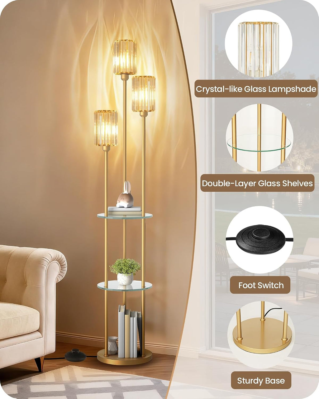 Gold Floor Lamp with Shelves, Modern Floor Lamp with 3 Crystal Shades and Foot Switch, 3-Light Standing Lamp with 3 Shelves, for Living Room, Bedroom, Study, Office, Gold D53LD05