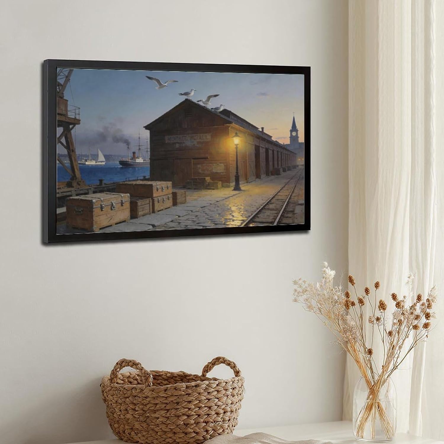 Coastal Harbor Pier Wall Art Canvas Print, Sunset Dock Seagulls Vintage Maritime Painting, Nautical Wall Decor for Living Room Office Bedroom 24x36in